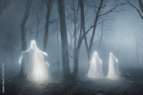 It s Halloween  and these ghosts are out to scare people  They re draped in sheets  with spooky eyes peeking out from the holes. Their mouths are open wide  ready to let out a scary scream 