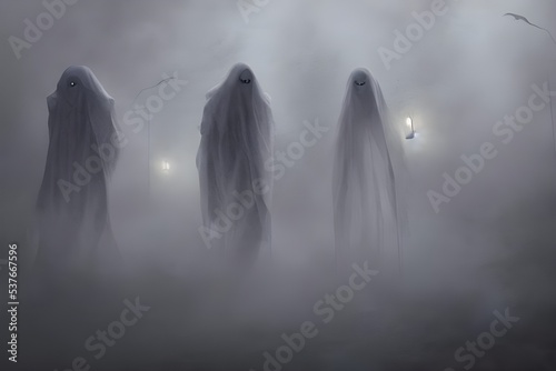 The ghosts are floating around in the Halloween sky. They are white and transparent, with long black robes. Their eyes are black and their mouths are open, as if they're screaming.
