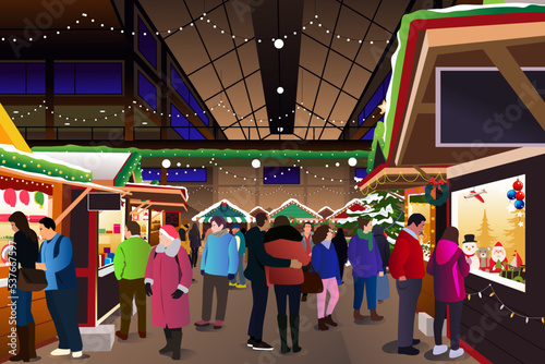Christmas Holiday Season Indoor Market Bazaar Vector Illustration