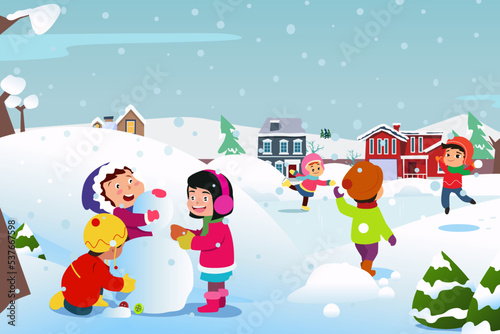 Happy Children Playing Outside During Winter Illustration