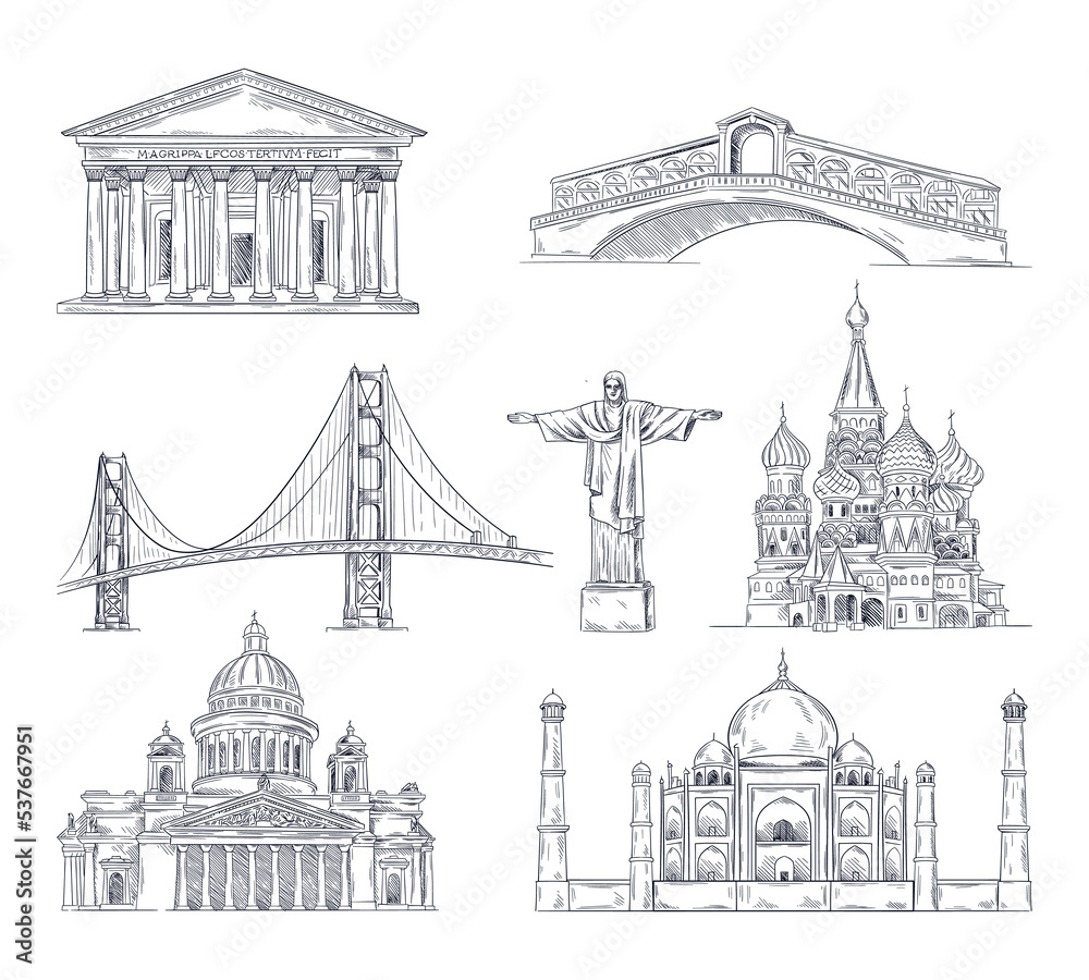 Set of world attractions. Linear sketches of various famous landmarks. Tourism and vacation. Statue of Christ Redeemer, St Basil Cathedral, Taj Mahal. Cartoon flat vector collection isolated on white
