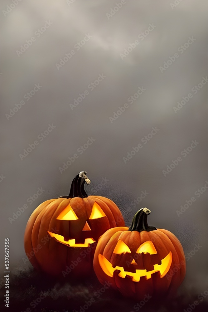 The picture is of two carved pumpkins on a doorstep with a spiderweb. It's nighttime, and the only light is from a streetlamp. The pumpkins have triangular eyes and noses, and their mouths are open wi