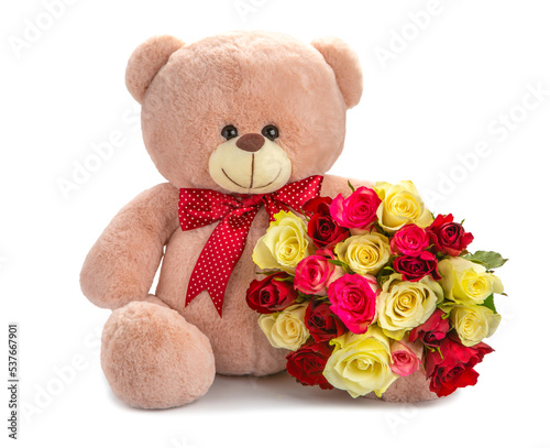 Fotografie, Obraz pink teddy bear with a red bow and a bouquet of beautiful roses