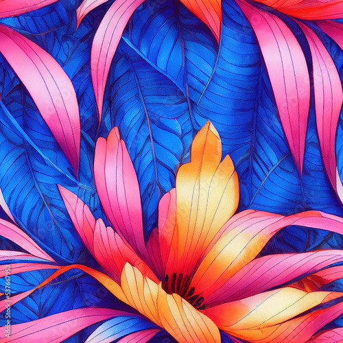 Tropical seamless pattern  leaves wallpaper  digital painting style  made by AI