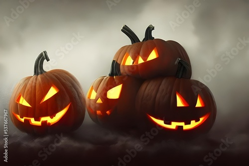 There are several carved pumpkins with candles inside them placed on a table. They all have different facial expressions, some grinning widely, others with more subdued smiles, and one glaring angrily
