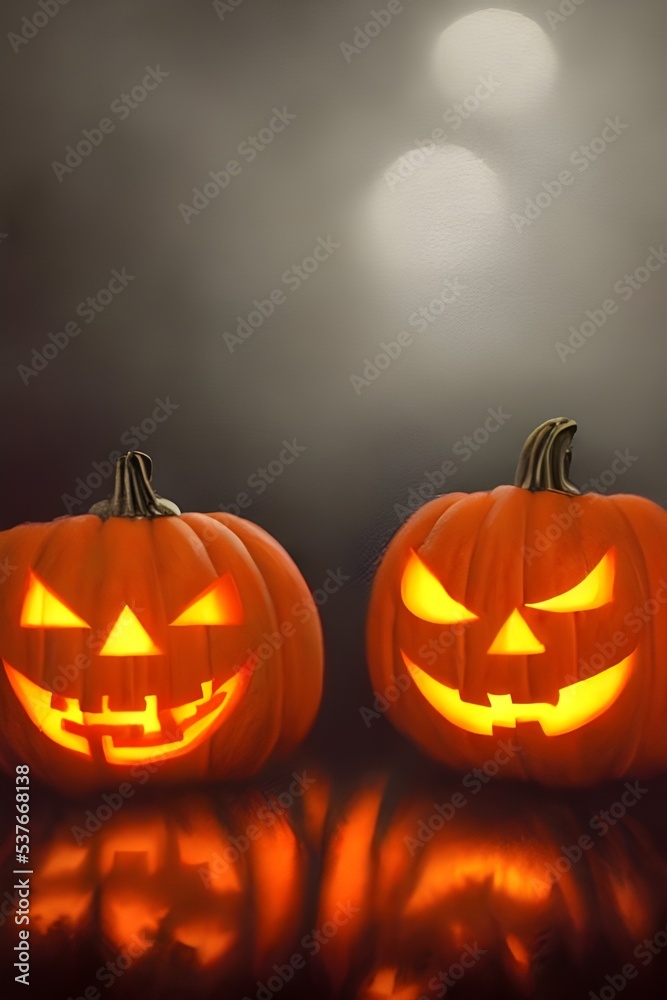 There are three large, orange pumpkins sitting on a wooden porch. All of the Pumpkins have scary carvings on them, such as eyes and teeth. One pumpkin even has a green snake coming out of its mouth!