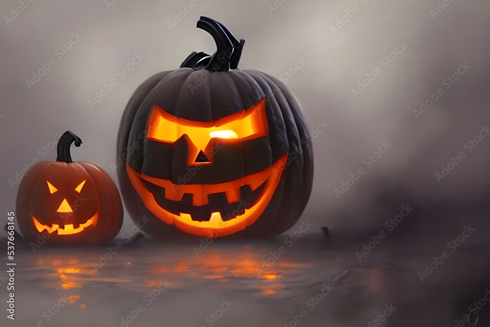The orange and black pumpkins are carved with spooky faces. They sit on the porch, waiting for trick-or-treaters. The orange and black pumpkins are carved with spooky faces. They sit on the porch, waiting for trick-or-treaters.