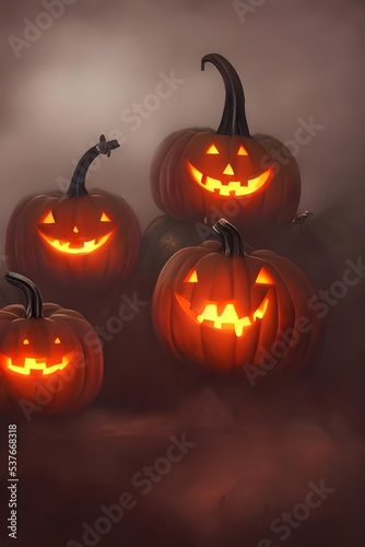 A bunch of Halloween scary pumpkins are sitting on a doorstep. They have triangle eyes and teeth, and they're grinning wickedly. There's a black cat perched atop one of the pumpkins, adding to the spo