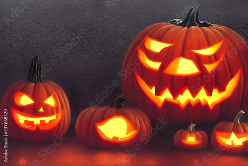 I see orange and black pumpkins, some have happy expressions while others look more scary. There is a light shining from behind them, making their shadows stretch out long on the ground.