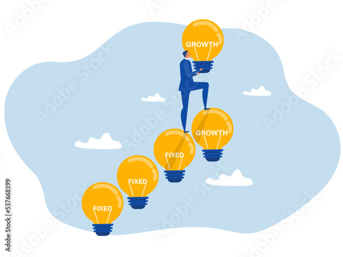 Improve from fixed mindset build up stair to growth mindset, challenge , achieve goal,opportunity,improve,leadership concept, strive businessman build stair to growth mindset with his fixed mindset.