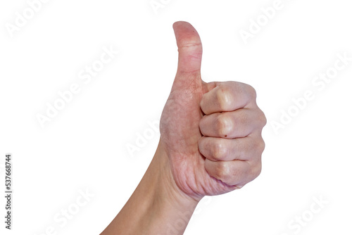Hand with thumb up isolated on transparent background. Positive gesture.	
