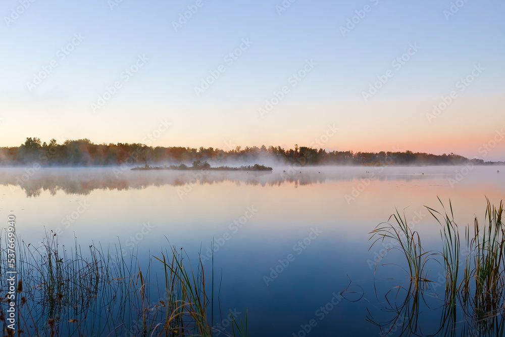 Picturesque Williamstown lake at misty dawn Lakeville New Brunswick Canada