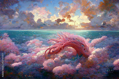 Pink Kraken sea monster / sea beast, in the Caribbean ocean with coral reefs and a beautiful tropical color palette. A illustration, detailed and beautiful, in oils. © dreamalittledream