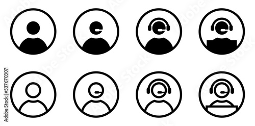 Conjunto de iconos de atención al cliente. Centro de llamadas. Servicio de atención las 24 horas. Usuario, agente en línea. Ilustración vectorial