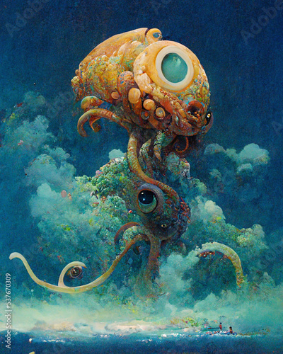Kraken sea monster / sea beast, in the Caribbean ocean with coral reefs and a beautiful tropical color palette. A illustration, detailed and beautiful, in oils.