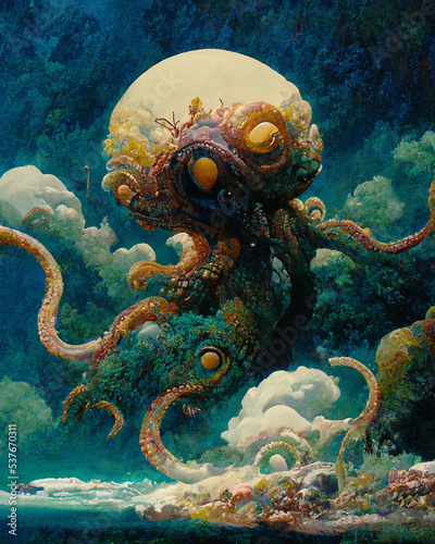 Kraken sea monster / sea beast, in the Caribbean ocean with coral reefs and a beautiful tropical color palette. A illustration, detailed and beautiful, in oils.
