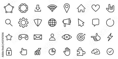 Conjunto de iconos de entretenimiento y comunicación. Videojuegos, clic, creatividad, mano, rayo, favorito, corazón, descargar, marketing. Ilustración vectorial