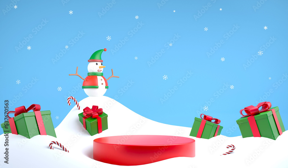 3D rendering podium and Christmas ornaments on snow ground , 3d illustration Christmas festival
