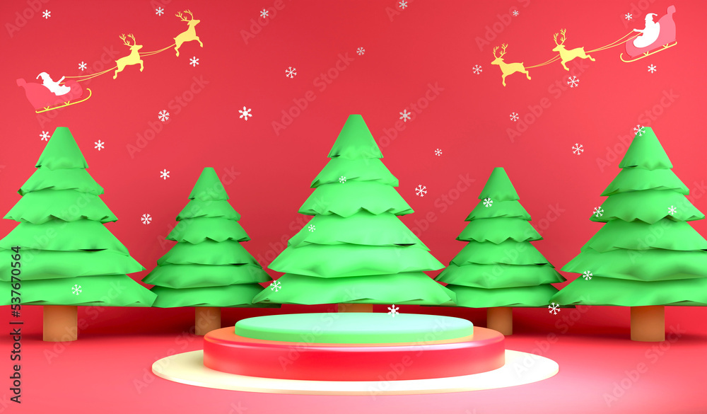 3D rendering podium and Christmas tree on red background, 3d illustration snowflake and Santa sleigh backdrop 3D rendering podium and Christmas tree on red background, 3d illustration snowflake and Santa sleigh backdrop