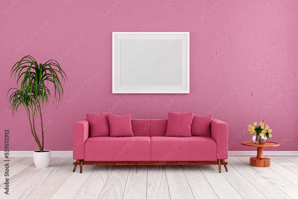 3d rendered illustration of a living room with pink wall. 3d rendered illustration of a living room with pink wall.