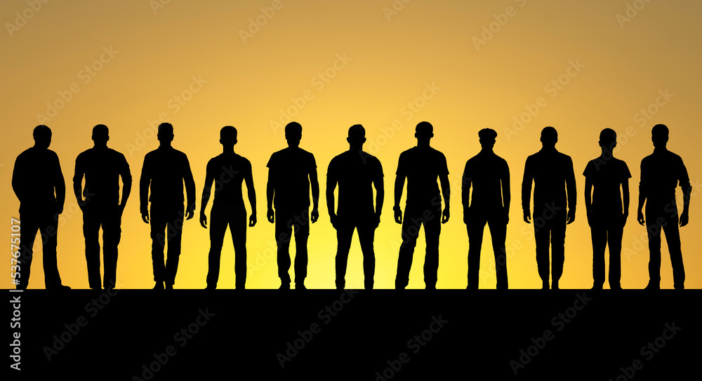Silhouette of different ages men standing in a row - obrazy, fototapety, plakaty 