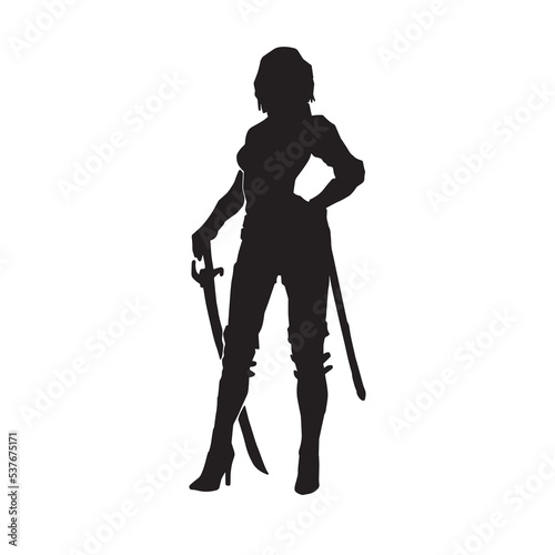 woman with sword drawn in hand and scabbard tied at waist vector silhouette