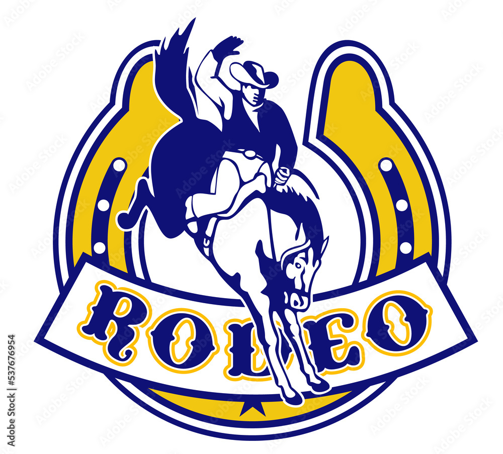 retro style illustration of a Rodeo Cowboy riding a jumping bronco horse jumping with horseshoe in background and scroll in foreground