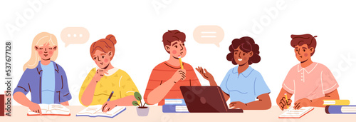 Group of students. Guys and girls sit in classroom, study, communicate and gain knowledge. Characters with books and laptops at university. Education and learning. Cartoon flat vector illustration