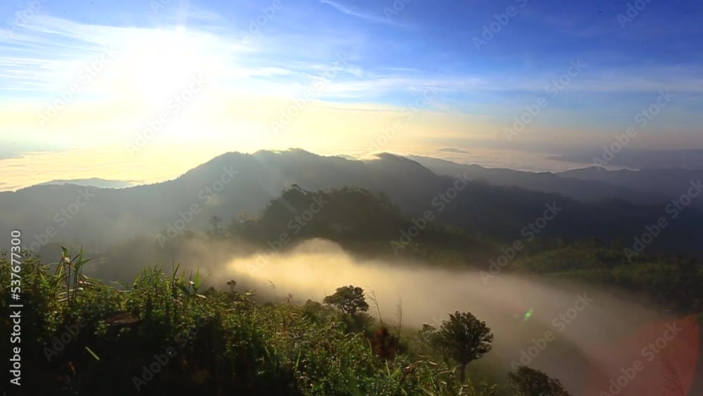 Aerial view Motion Time-lapse over the sea of mist in the valley in the morning with blue sky Unseen travel at Doi Thong, Mae Hong Son, Northern Thailand. Aerial view Motion Time-lapse over the sea of mist in the valley in the morning with blue sky Unseen travel at Doi Thong, Mae Hong Son, Northern Thailand.