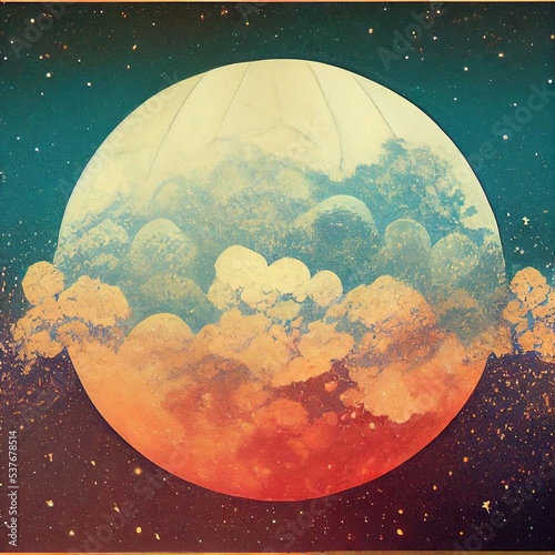 Full moon cloudy ollage aesthetic illustration moon in the night sky, mountains, strips of paper, painted, deep colors, beautiful, dreamy, relaxing, stylized, creative (generative AI, AI) photo