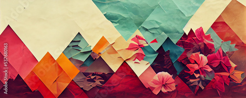 Colorful collage art of abstract mountain landscapes with sky, clouds, moons, stylized, beautiful, background, mixed media, hodgepodge, paper, strips of paper, bold (generative AI, AI)