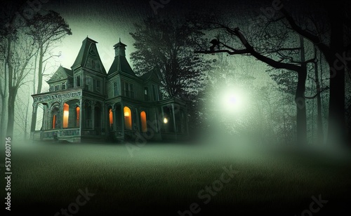 halloween background, digital illustration of  victorian haunted house  with candlelight in the window in a dense spooky forest  © gue