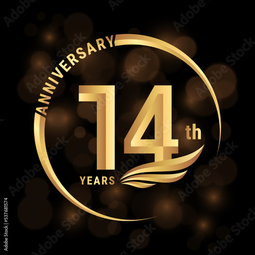 14th Anniversary Logo, Logo design with gold color wings for poster, banner, brochure, magazine, web, booklet, invitation or greeting card. Vector illustration