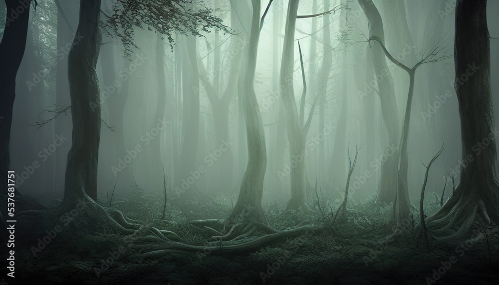 halloween background, digital illustration of dense spooky forest 