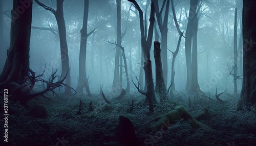 halloween background, digital illustration of dense spooky forest 