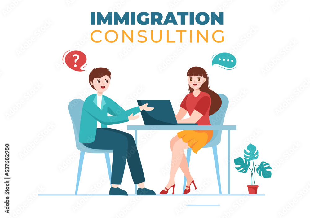 Immigration Consultant Template Hand Drawn Cartoon Flat Illustration Counseling Assistance for Provide Advice to People Who Will Make the Move