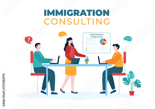 Immigration Consultant Template Hand Drawn Cartoon Flat Illustration Counseling Assistance for Provide Advice to People Who Will Make the Move