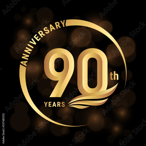 90th Anniversary Logo, Logo design with gold color wings for poster, banner, brochure, magazine, web, booklet, invitation or greeting card. Vector illustration