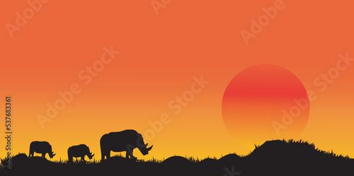 Amazing sunset and sunrise.Panoramafrica with sunset.Dark tree on open field dramatic sunrise.Safari theme.Giraffes , Lion , Rhino. © Mohwet