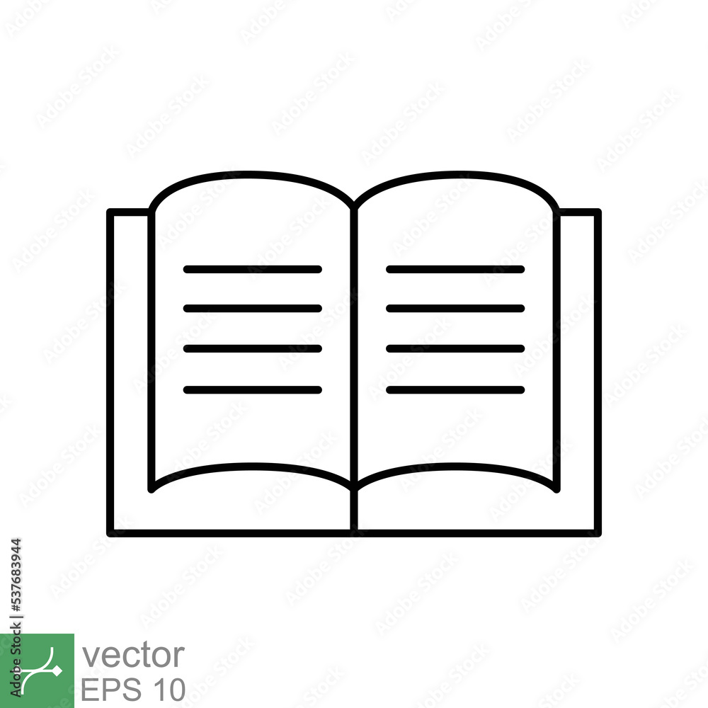 Book icon. Simple outline style. Textbook reading, open book, school, education, magazine, library, university, learning concept. Thin line vector illustration isolated on white background. EPS 10. Book icon. Simple outline style. Textbook reading, open book, school, education, magazine, library, university, learning concept. Thin line vector illustration isolated on white background. EPS 10.