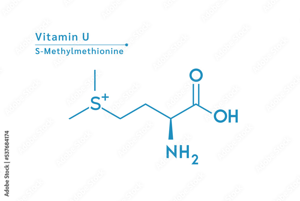 Vitamin U structural blue outline chemical formula. Medical and scientific concepts. Isolated on white background. Vector EPS10 illustration Vitamin U structural blue outline chemical formula. Medical and scientific concepts. Isolated on white background. Vector EPS10 illustration