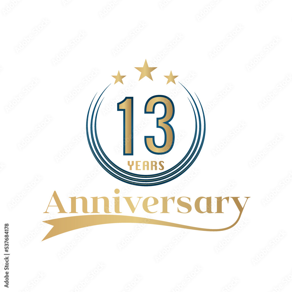 Fototapeta premium 13 Year Anniversary Vector Template Design Illustration. Gold And Blue color design with ribbon
