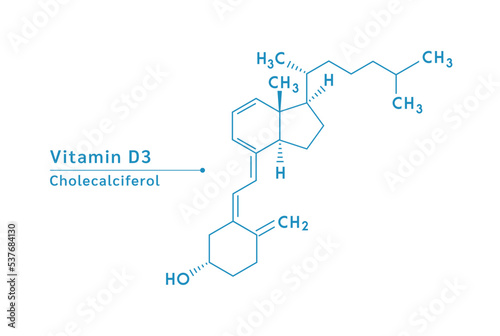 Vitamin D3 structural blue outline chemical formula. Medical and scientific concepts. Isolated on white background. Vector EPS10 illustration
