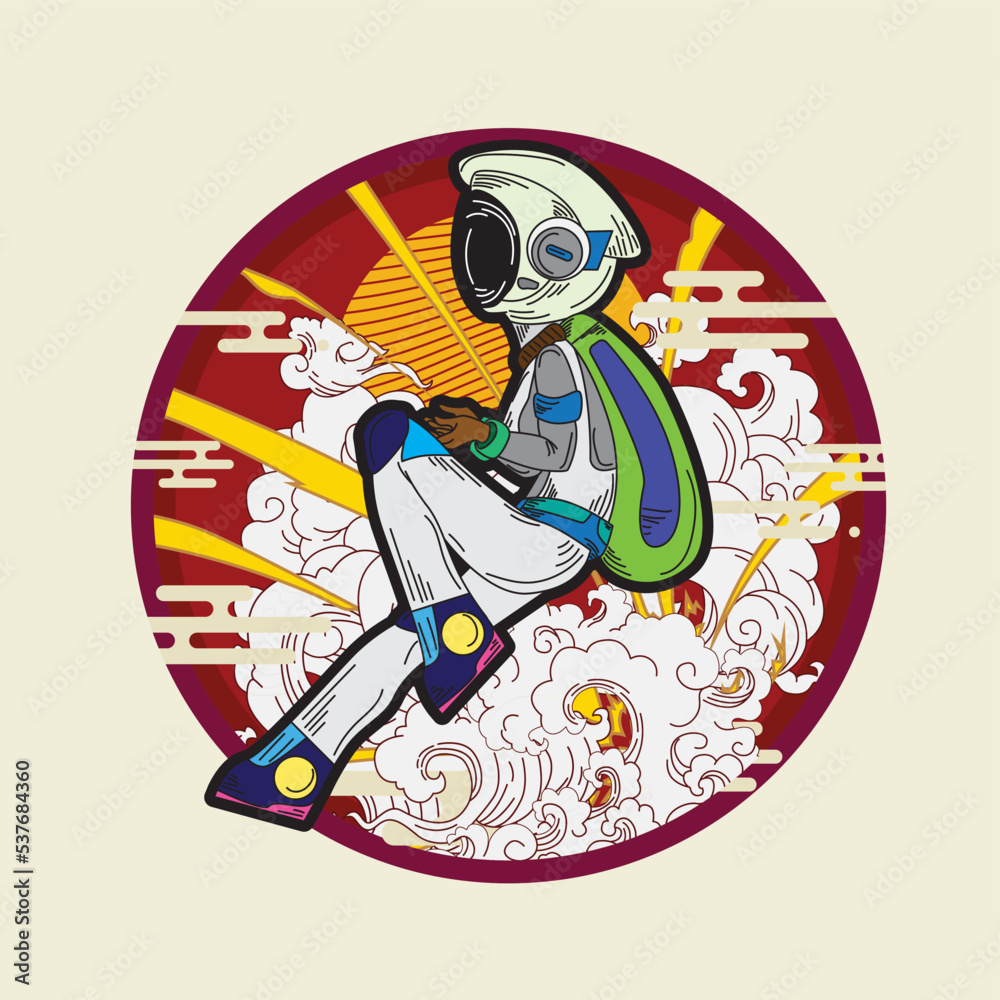 astronout illustration design with japanese style background, logo, labels, notebook
