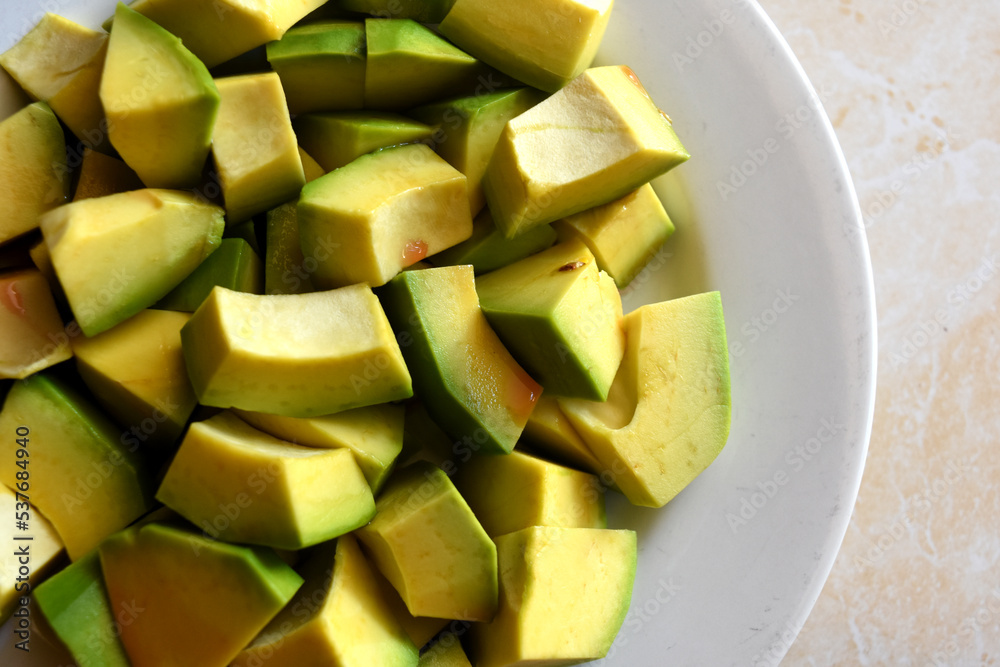 Sliced avocado served on a white plate Sliced avocado served on a white plate