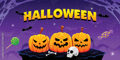 Happy halloween spooky cartoon illustration. Graphic design for the decoration of gift certificates  banners and flyer.