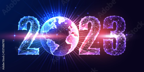 Futuristic 2023 global metaverse world New Year concept banner on dark purple pink, blue background