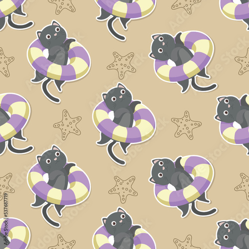 meow in summer day cartoon seamless pattern