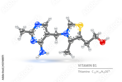 Vitamin B1  Thiamine  molecule models and structural physical chemical formulas. Science biochemistry concept. Isolated on white background. 3D Vector Illustration.