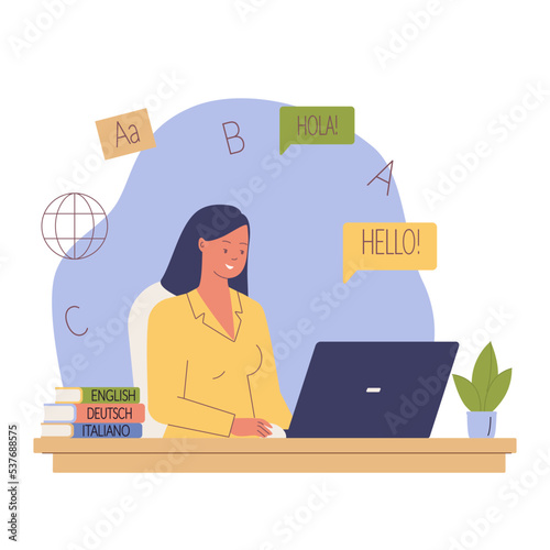 Studying foreign language. Woman learning language online. School foreign language. Vector cartoon illustration